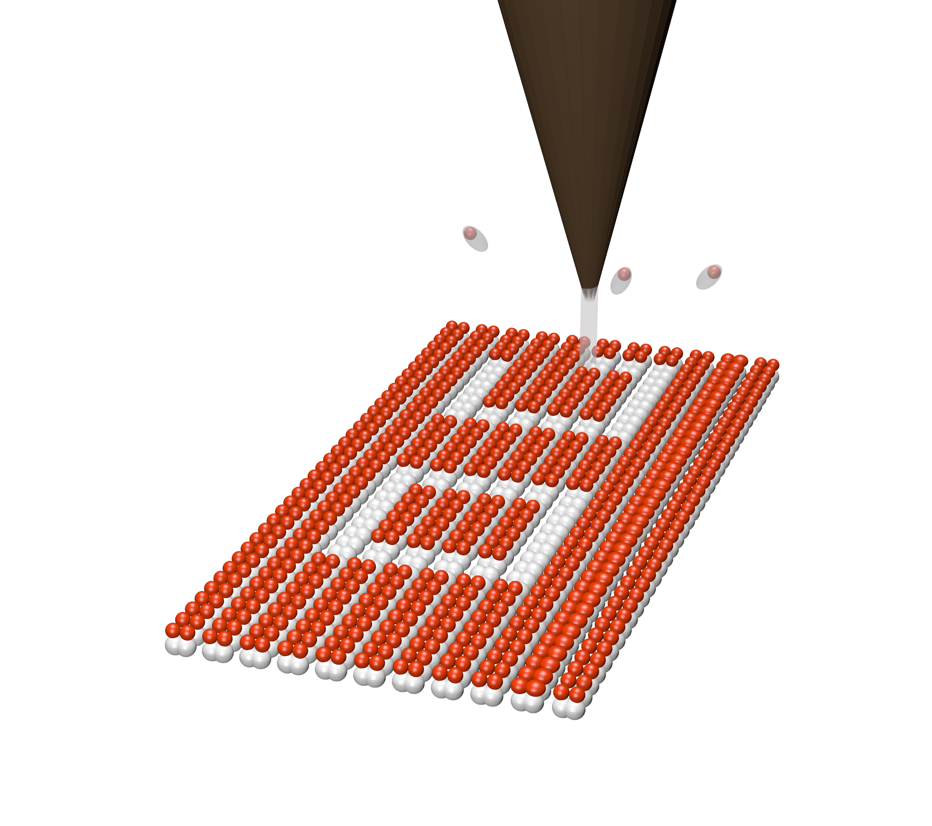 An STM tip removing surface H atoms from a Si(001) surface, and a 3D STM image of the result. For single-dimer-row line width, the tip is set to 4.5 V sample bias, 4 nA tunnel current, with a dose on each H atom of 4 mC/cm.
